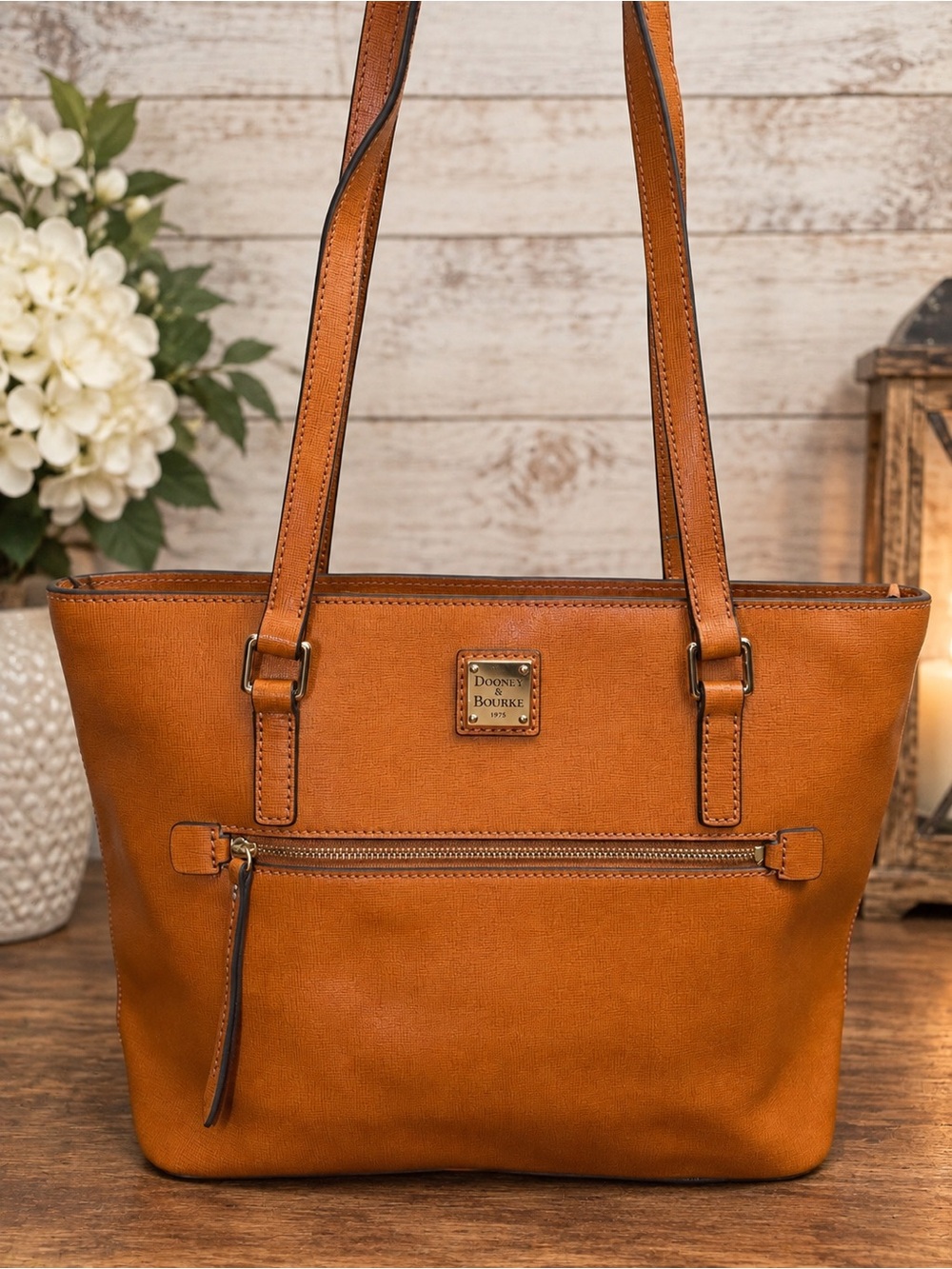 Dooney & Bourke Cognac Brown Leather Tote with Front Zip